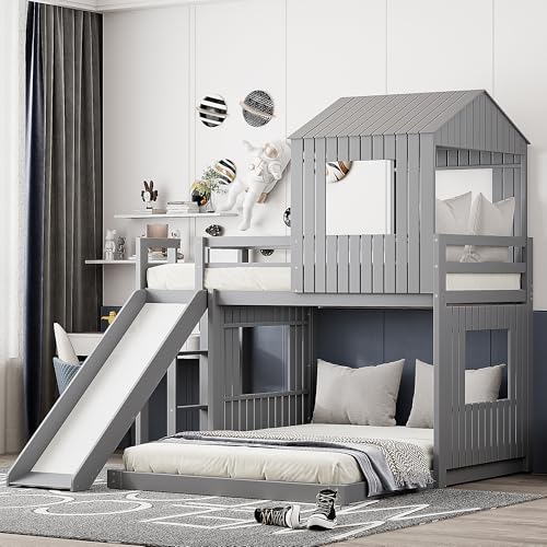 Harper & Bright Designs House Bunk Beds Twin Over Full Size, Wood Bunk Beds with Roof and Window (Grey, Twin Over Full (with Slide)) Harper & Bright Designs