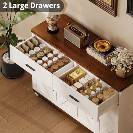 IRONCK Farmhouse 47.2" Sideboard Buffet Cabinet, White Coffee Bar Cabinet with 2 Drawers & Doors, Credenza Storage Cabinet for Kitchen, Living Room or Entryway IRONCK