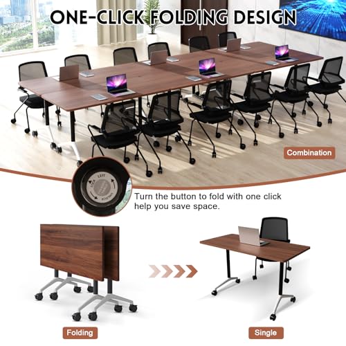 SOIUDNEB Folding Conference Table, Mobile Conference Table on Wheels, Large Flip-Top Conference Room Tables, Foldable Modular Rolling Training Table for Office Classroom (2, Walnut, 47.2in) SOIUDNEB