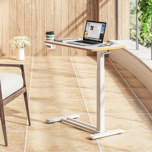 SANODESK Medical Adjustable Overbed Bedside Table with Hidden Casters, Pneumatic Mobile Laptop Computer Standing Desk Cart Overbed Table with Tray, Hospital and Home Use(27.6" W x 15.7" D, White) SANODESK
