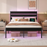 Chuangshuo Guard Full Size Bed Frame with Headboard,Heavy Duty LED Bed Frame with USB Charging Station,Mattress Foundation-Under Bed Storage, No Box Spring Needed, Noise Free，Black Chuangshuo Guard