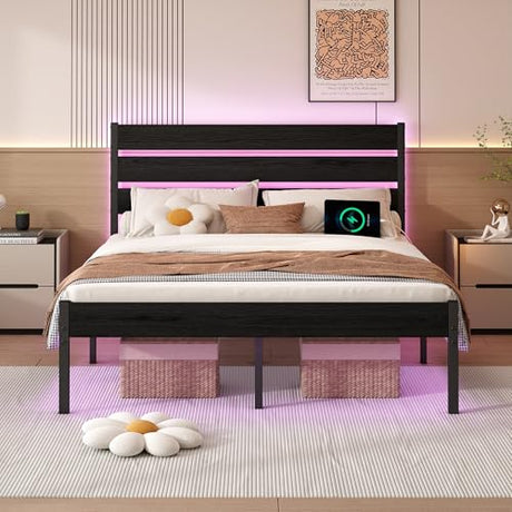 Chuangshuo Guard Full Size Bed Frame with Headboard,Heavy Duty LED Bed Frame with USB Charging Station,Mattress Foundation-Under Bed Storage, No Box Spring Needed, Noise Free，Black Chuangshuo Guard