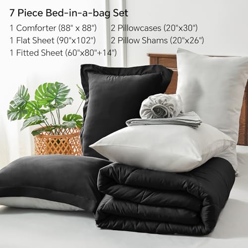 BEDELITE Queen Comforter Set 7 Pieces Bed in A Bag - Soft Microfiber Reversible Black Bed Set with Comforters, Sheets, Pillowcases & Shams, Cozy Luxury Bedding Sets for All Season BEDELITE