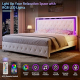 Jocisland Twin Bed Frame with LED Lights Headboard&Footboard, Velvet Upholstered Twin Size Platform Bed Frame No Box Spring Needed/White Jocisland