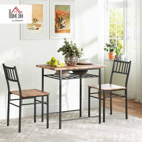 HOMCOM 3-Piece Dining Table Set for 2, Small Kitchen Table and Chairs with Built-in Storage Rack and Steel Frame, for Breakfast Nook and Small Space, Rustic Brown HOMCOM