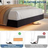 IDEALHOUSE Queen Size Bed Frame with LED Lights, Floating Platform Bed with Velvet Upholstered Storage Headboard, No Box Spring Needed, Noise Free, Easy Assembly IDEALHOUSE