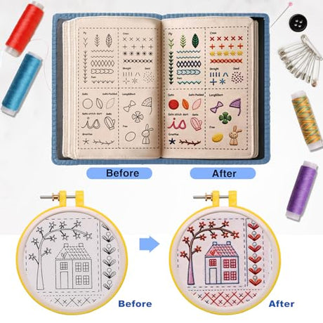 100 PCS Complete Embroidery Stitch Book Kit with Includes Step-by-Step Instructions, Hoops, Threads, Needles & Fabric, All-in-One Portable Starter Set for Adult Beginners & DIY Craft Enthusiasts Losaria