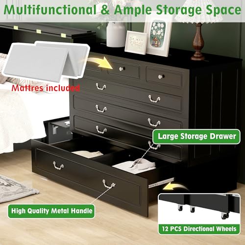 Keloyid Queen Murphy Bed Included Mattress：Wood Murphy Bed Cabinet with USB Charging Station and Large Storage Drawer for Bedrooms/Guest Rooms/Apartments, Black Walnut Color-2 Keloyid