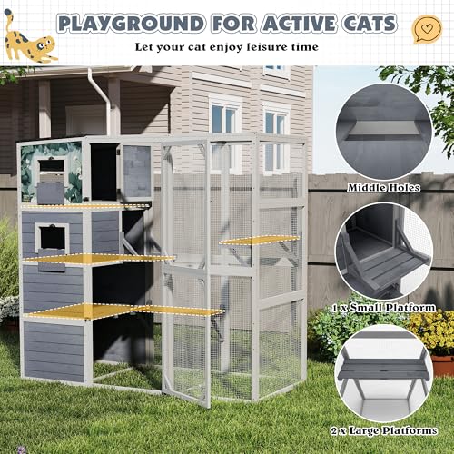 COZIWOW Large Wood Cat Catio, Outdoor Enclosure with Weatherproof Roof, 2 Resting Rooms, 2 Platforms, 4-Tier Cat Playpen (Grey with Pattern) COZIWOW