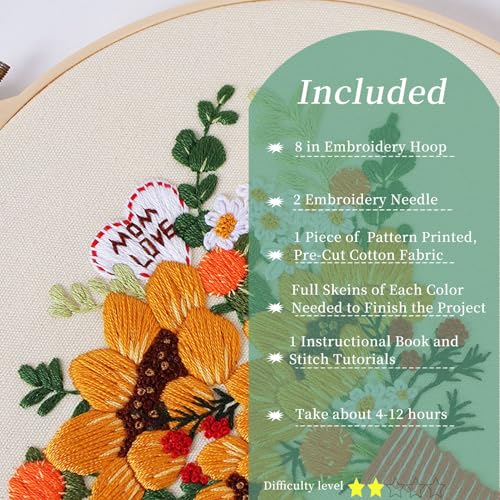 FONNUY Bouquet Flowers Embroidery Kit Love Mom for Beginners, Pre-Stamped Pattern Kits for Adults with Hoop, Easy to Follow Color Thread Needlework, 8'' Hoop (Sunflowers)