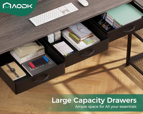 AODK 53 Inch L Shaped Computer Desk with Drawers, Corner Desk with Power Outlets & Reversible Storage Shelves, for Home Office Gaming, Oak Grey AODK