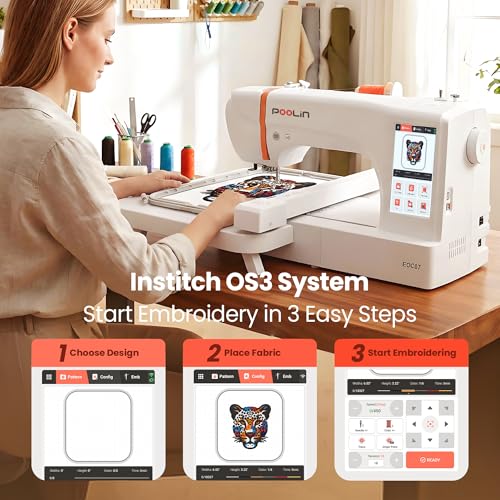 Poolin EOC07 Computerized Embroidery Machine,15"x 7.9" Large Embroidery Area,4 Hoops,200 Built-in Designs,Large 7" Touchscreen,Wi-Fi &USB Transfer,Institch Digital Software