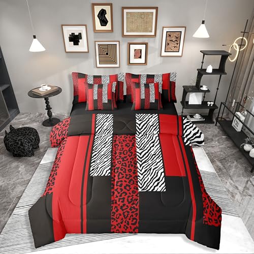 Erosebridal Zebra Cheetah Fur Pattern Black Red Adults Comforter Set Queen Size 7 Pieces | Leopard Print Stripes Bed in A Bag Zebra Cheetah Wild Animal Skin Bed Set Women Men Teens Bedding Erosebridal