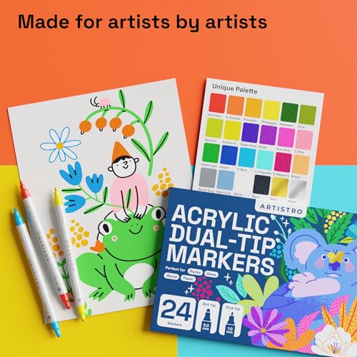 ARTISTRO 24 Acrylic Paint Pens, Acrylic Paint Markers, Fabric Markers for Textile, Canvas, Rock, Glass, Wood, Paper, Pumpkin, DIY, Paint Markers for Kids and Adults (Dual Tip Dot + Fine) ARTISTRO