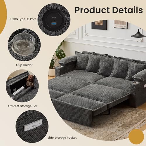 82.7’’ King Size Pull Out Sofa Bed, 3 in 1 Convertible Sleeper Sofa Bed with Futon Sofa , Chenille Loveseat Couch Bed with USB and Storage Pockets for Living Room,Bedroom, Pet-Friendly (Dark Gray) GRAINLLE
