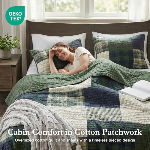 Woolrich Quilt Set Patchwork Channel Quilting, Cottege Coverlet for Twin Size Bed All Seasons, Lightweight Prewashed Cotton Coverlet Bedspread, Shams, Mill Creek, Oversized Twin/Twin XL Green 2 Piece Woolrich John Rich & Bros.