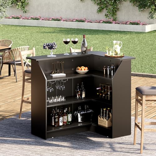 LITTLE TREE Black Bar Cabinet, 4-Tier Home Mini Bar Cabinet with Stemware Rack, Freestanding Wooden Storage Cabinet, Modern L-Shaped Liquor Table Cabinet for Living Room, Dining Room LITTLE TREE