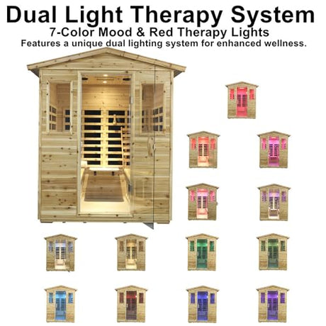 Kanlanth Outdoor Infrared Sauna with Red Light Therapy, 4 Person 2050watt Canadian Hemlock Wood Personal Sauna Room for Indoor Home, with Blue-Tooth, 4 Chromo Therapy Lighting, Control, Cup Holder Kanlanth