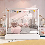 Giantex White Canopy Bed with Trundle - Stylish Solid Wood Full Size Frame for Kids Giantex