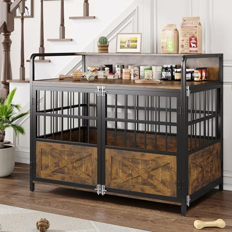 Halitaa 45.3" Dog Crate Furniture for Large Breed, Heavy Duty XL Dog Kennel Indoor with Storage Shelf, Farmhouse Wooden Pet Crate, Chew-Resistant, Brown (45.3" W x 23" D x 39.4" H) Halitaa