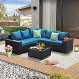 JOYURE 6 Pieces Patio Furniture set All-Weather Outdoor Wicker Sectional Conversation Sofa Rattan patio seating sofa with cushion and Glass Table for Porch Poolside,Peacock Blue JOYURE