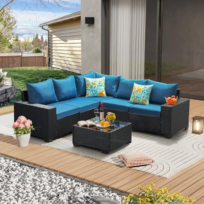 JOYURE 6 Pieces Patio Furniture set All-Weather Outdoor Wicker Sectional Conversation Sofa Rattan patio seating sofa with cushion and Glass Table for Porch Poolside,Peacock Blue