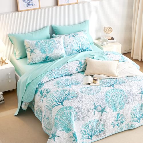 Wake In Cloud - Coastal Quilt Set, Nautical Ocean Beach Themed Tropical Summer Patterned, Reversible Lightweight Bedspread Coverlet, 3 Pieces, Aqua Turquoise, Queen/Full Size Wake In Cloud