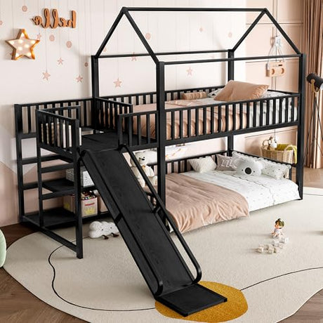 Bellemave Twin Over Twin Bunk Bed with Slide, Kids House Floor Bunk Bed with Storage Stairs and Full Length Guardrail, Heavy Duty Bunk Beds for Girls, Boys, Black Bellemave