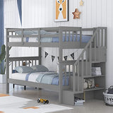 Harper & Bright Designs Twin Over Twin Bunk Bed with Storage Staircase, Wood Bunk Bed with Full-Length Fence Kids, Teens & Adults, Convertible Bunk Beds, Gray Harper & Bright Designs