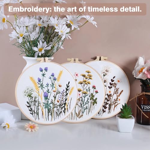 RidaaFri Embroidery Kit for Beginners, Set of 3 Flower Pattern DIY Kits for Adults & Starter, Hand Embroidery Practice Kit with Step-by-Step Guide & Video Tutorial, Includes Hoop, Needles, Floss