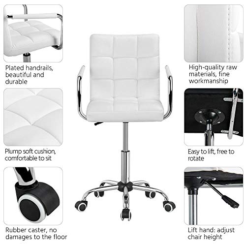 Yaheetech White Desk Chairs with Wheels/Armrests Modern PU Leather Office Chair Midback Adjustable Home Computer Executive Chair 360° Swivel Yaheetech