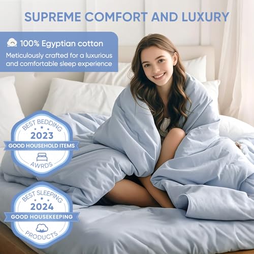 TWK 1200 TC 100% Egyptian Long-Staple Cotton Bedding Sheets Set, Luxury Hotel Style Deep Pocket with Elastic Reinforced Seams Sheet Set, Soft & Comfy Natural Sheets (French Blue, Full) TWK