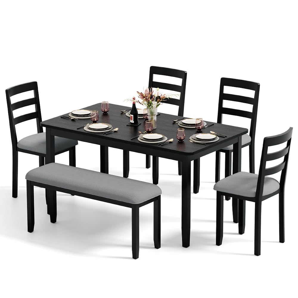 JUMMICO Solid Wood 6 Piece Dining Table Set, Modern 58"/W Kitchen Table Set for 6 with 4 Upholstered Chairs & 1 Bench, Kitchen & Dining Room Sets for Kitchen, Restaurant (Black & Grey) JUMMICO