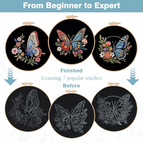 RidaaFri Embroidery Kit for Beginners, 3 Pk Stamped Butterfly DIY Craft Supplies with Hoop, Needles, Floss, Video, Complete Starter Kit for Learning Embroidery, Hobby Gift