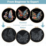 RidaaFri Embroidery Kit for Beginners, 3 Pk Stamped Butterfly DIY Craft Supplies with Hoop, Needles, Floss, Video, Complete Starter Kit for Learning Embroidery, Hobby Gift