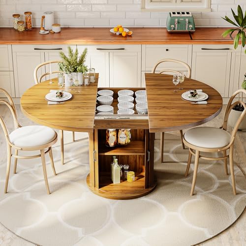 CABZOON 47-63in Extendable Round Dining Table for 4-8 Modern Round Kitchen Table Circle Dining Table with 2-Tier Storage Shelf, Space Saving Expandable Wood Oval for Living Room Walnut CABZOON