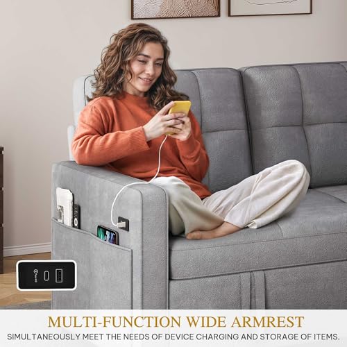 DWVO 55" Convertible Sofa Bed, 3-in-1 Sleeper Sofa with Pull-Out Couch, Velvet Futon Couch with Adjustable Backrest and USB, Modern Loveseat for Living Room Apartment, Light Grey DWVO