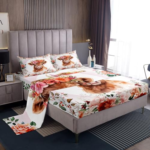 Feelyou Cute Highland Cow Sheet Set King Size Kids Cartoon Animal Sheets with Deep Pocket Fitted Sheet for Boys Girls Teens Flower Floral Print Bed Sheets Set Farm Zoo Garden Theme Bedding Set Feelyou