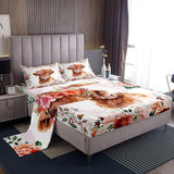 Feelyou Cute Highland Cow Sheet Set King Size Kids Cartoon Animal Sheets with Deep Pocket Fitted Sheet for Boys Girls Teens Flower Floral Print Bed Sheets Set Farm Zoo Garden Theme Bedding Set Feelyou