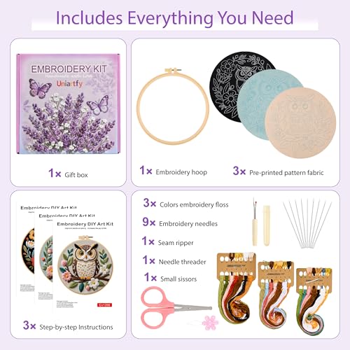 Uniartfy 3 Sets Embroidery Kit for Beginners with Owl Flower Pattern, Hand Needlepoint Kits for Adults, Embroidery Starter Kits with Hoops, Step by Step Video & Instructions, DIY Cross Stitch Kit