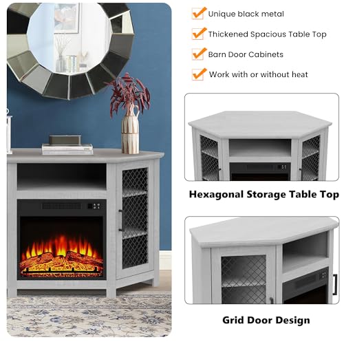 47" Corner Fireplace TV Stand Up to 55" TVs with 18" Electric Fireplace, Rustic Media TV Stands for Living Room, Television Stands with Adjustable Shelves, Entertainment Media Stand (Gray) ELEVARAWOOD