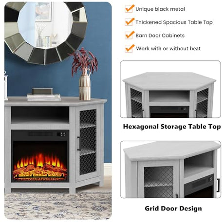 47" Corner Fireplace TV Stand Up to 55" TVs with 18" Electric Fireplace, Rustic Media TV Stands for Living Room, Television Stands with Adjustable Shelves, Entertainment Media Stand (Gray) ELEVARAWOOD