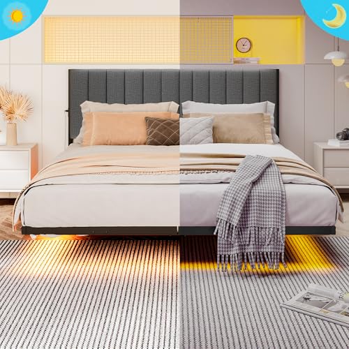 JUISSANO Floating Full Bed Frame with LED Lights & Charging Station,Metal Platform Bed Frame Full Size with Upholstered Headboard,No Box Spring Needed,Heavy Duty Steel Slats,Easy to Assemble No Noise JUISSANO