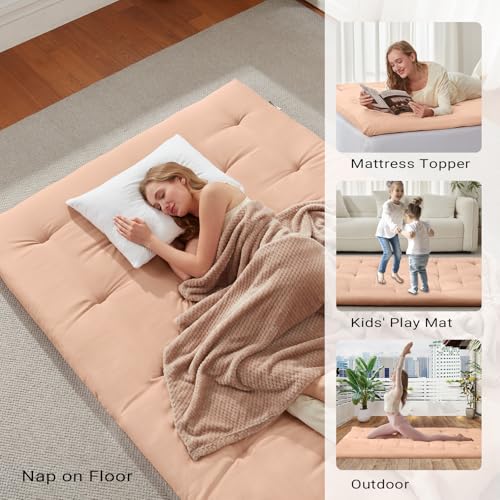 Mollydot Japanese Floor Futon Mattress Queen Size 60"x 80", Foldable Bed Mattress, Portable Tatami Mat Sleeping Pad, Folding Futon Cushion, Roll Up Floor Lounger for Guest Room Dormitory (Khaki) Mollydot