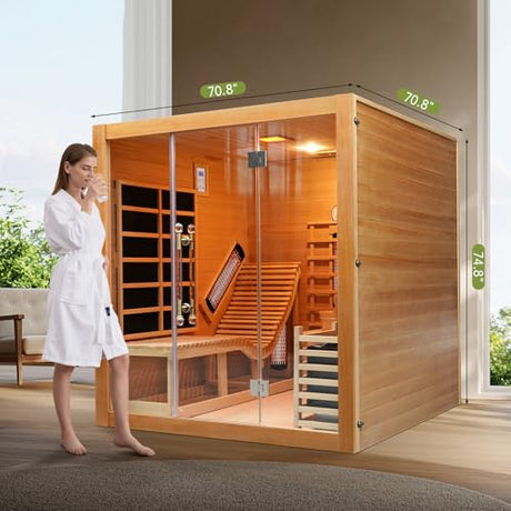 ZONEMEL Indoor Hybrid Sauna with Recliner, Canadian Hemlock Wooden Steam Infrared Sauna House for 2 or 3 People, 8mm Tempered Glass,9 Heaters, Full Spectrum & Carbon Plate & 6KW Harvia Heater, 220V ZONEMEL