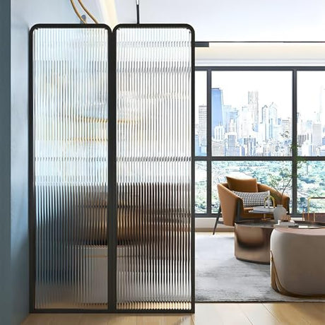 SUZEPER 6ft Tall Modern Room Divider, Metal Glass Partition Room Divider, Folding Privacy Room Divider Screens, Decorative Freestanding Room Partition for Room Separation Partition, 2 Panel SUZEPER