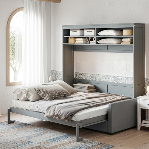 LZ LEISURE ZONE Queen Size Murphy Bed, Wooden Queen Murphy Bed with Sofa, Cushion and Shelves, Gray LZ LEISURE ZONE