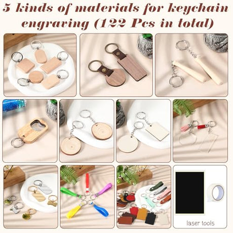 Tondiamo 122 Pcs Laser Engraving Blanks Keychains Bulk Laser Cutting Engraving Materials Accessories Including Wood, Stainless Steel, Acrylic, PU Leather, Silicone and Marking Paper Tape for Laser Tondiamo