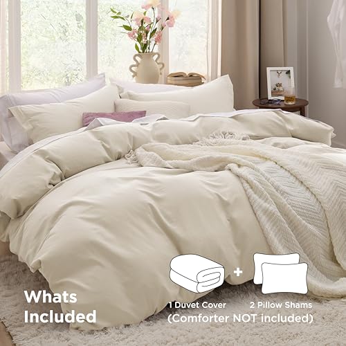 Bedsure Oat Milk Duvet Cover Queen Size - 3 Pieces Prewashed Cotton-Like Polyester Extra Soft Bedding Set, Includes 1 Duvet Cover 90x90 Inches with Zipper Closure & 2 Pillow Shams, No Comforter Bedsure