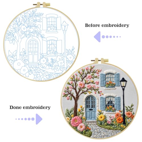 Country cottage with Flowers Embroidery Kits,Adults DIY Handmade Hand Embroidery Starter Kits with Stamped Embroidery Pattern,for Beginners Starter Lover Hand Stitch with Embroidery Skill Techniques